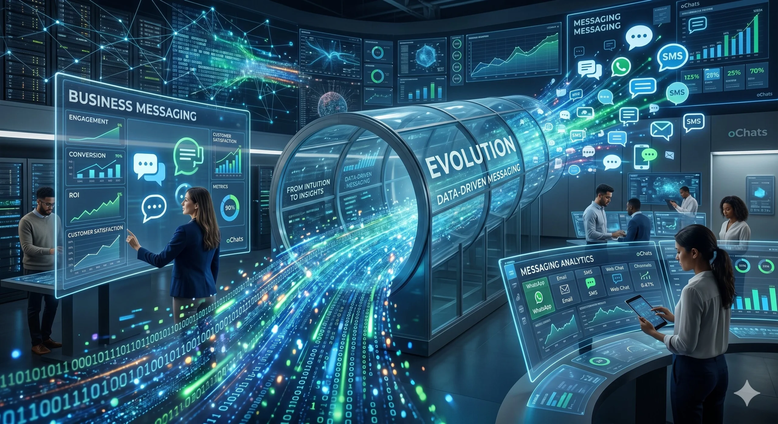 a futuristic digital control center illustrating the data-driven evolution of business messaging and data analytics for customer service with real-time holographic charts and messaging icons.