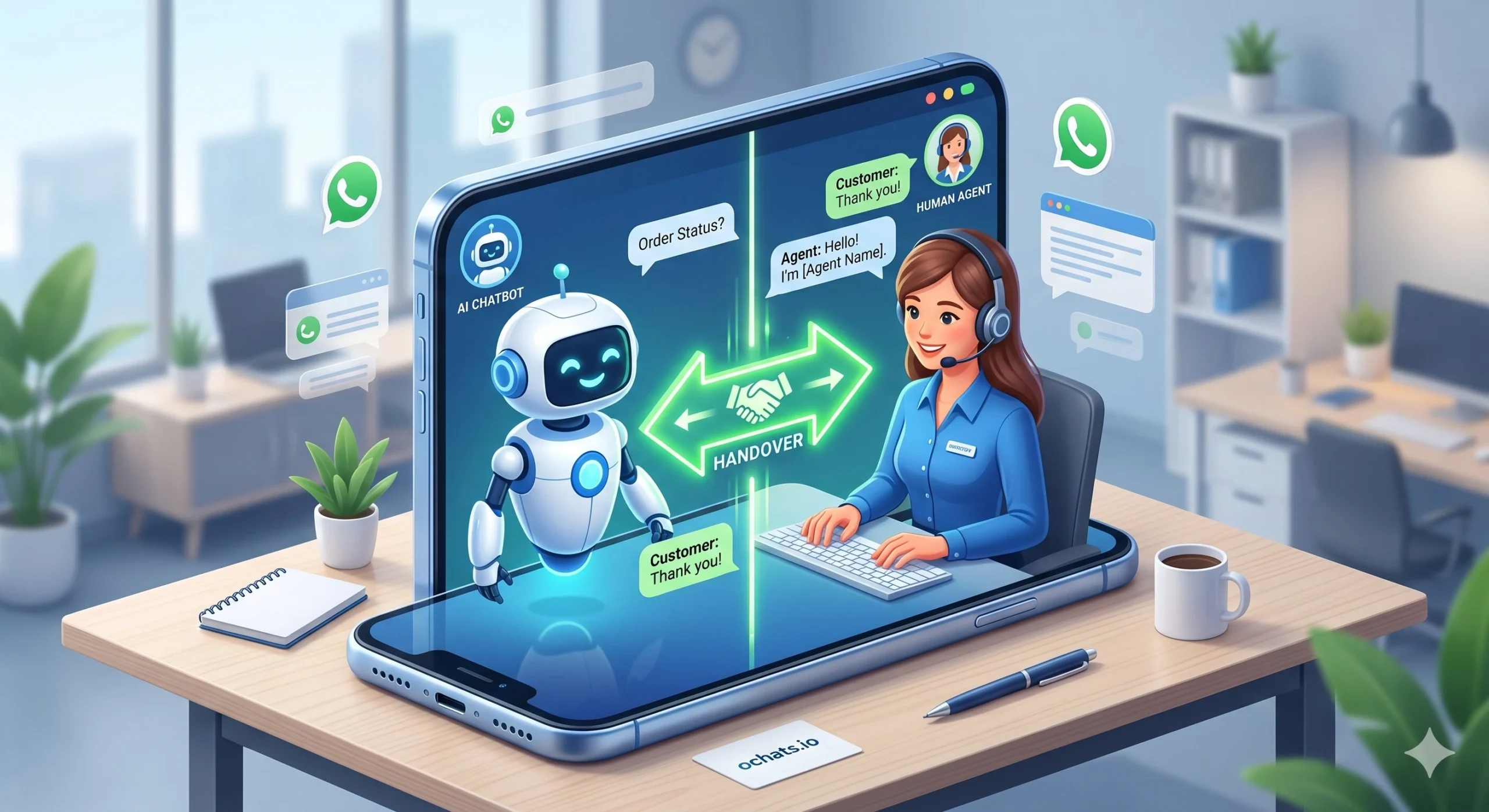 a 3d illustration showing the balance between an automated chatbot and a human agent providing effective whatsapp customer support for business growth.