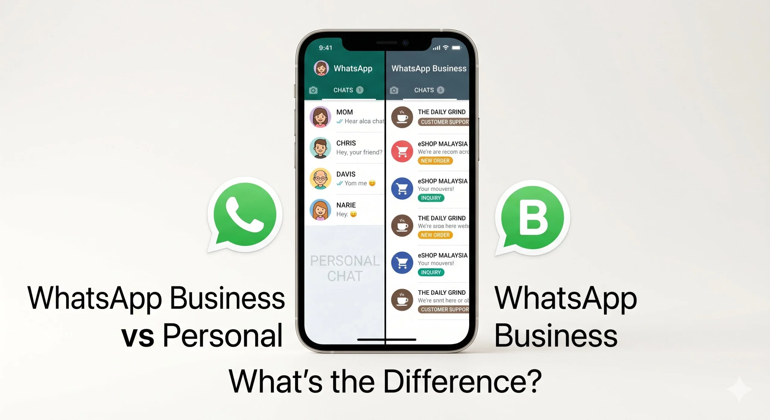 a side-by-side visual comparison on a smartphone screen illustrating the differences between personal whatsapp and whatsapp for business, highlighting specific business-oriented tools and labels.