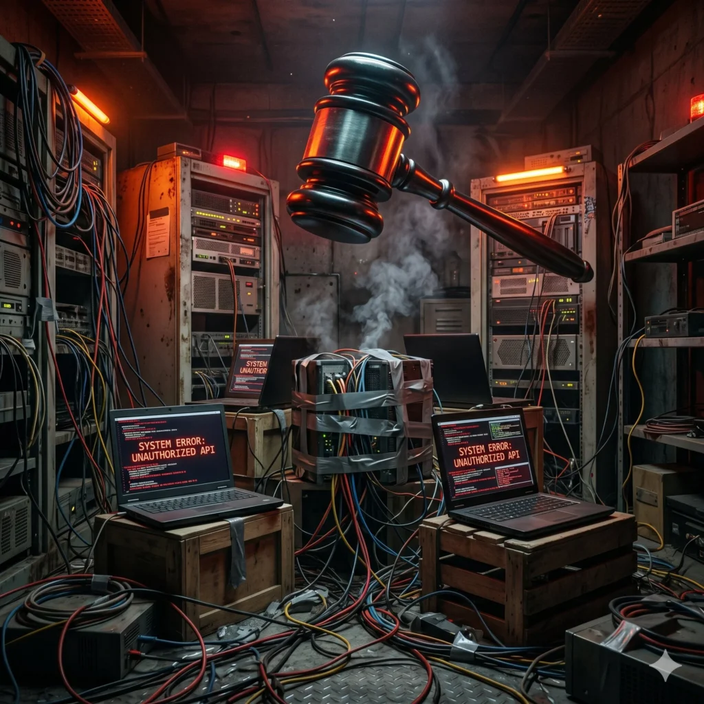 a visual representation of server failure and account ban risks that occur when businesses attempt dangerous unofficial hacks for whatsapp multiple agents.