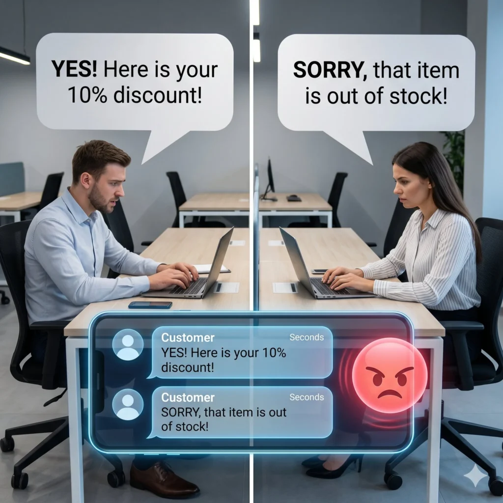 a conceptual image showing agent collision and chaotic conflicting messages sent to a customer, highlighting the urgent need for a unified whatsapp team inbox.