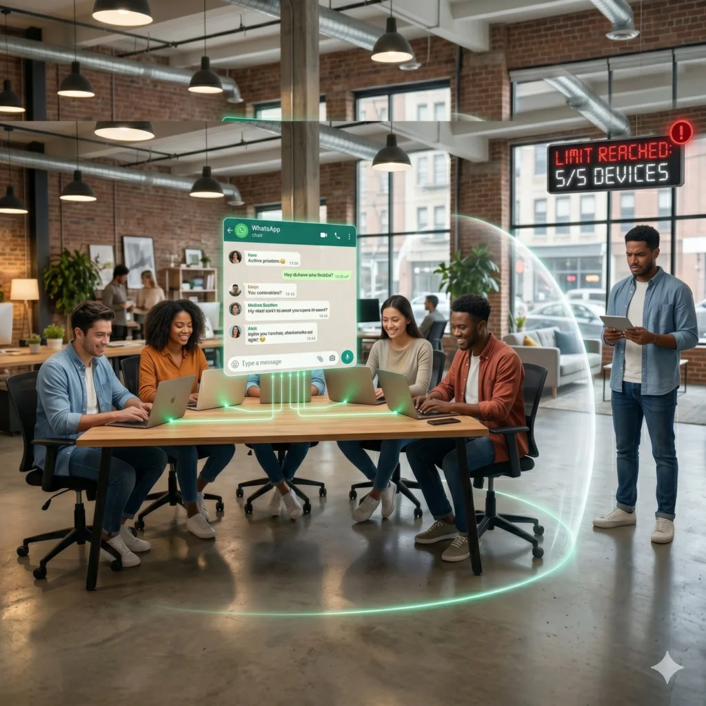 an employee is frustrated and physically blocked from connecting due to the strict whatsapp business multiple users device limit in a modern office setup.