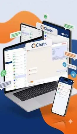 oChats shared inbox dashboard shown across laptop, tablet, and phone with WhatsApp and Telegram channel icons
